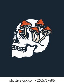 Mushroom en Skull Head Vector Illustración