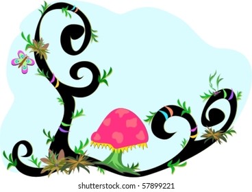 Mushroom on Winding Branches Vector