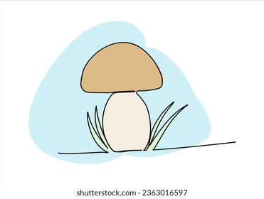 Mushroom, one line drawing colored with pastel colors. Vector illustration.