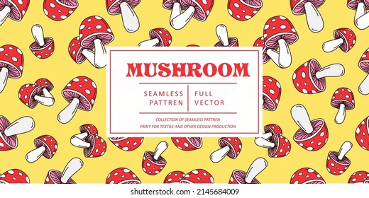 Mushroom pattern design. Autumn nature wallpaper. Wild forest pattern graphic. Mushrooms, psychedelic style background. Fantasy magic funny mushrooms