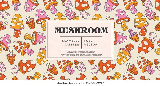 Mushroom Pattern Design. Autumn Nature Wallpaper. Wild Forest Pattern Graphic. Mushrooms, Psychedelic Style Background. Fantasy Magic Funny Mushrooms