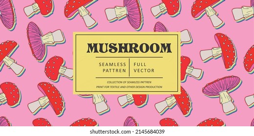 Mushroom pattern design. Autumn nature wallpaper. Wild forest pattern graphic. Mushrooms, psychedelic style background. Fantasy magic funny mushrooms