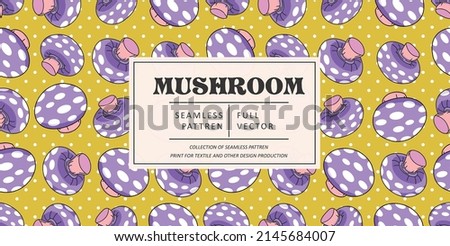 Mushroom pattern design. Autumn nature wallpaper. Wild forest pattern graphic. Mushrooms, psychedelic style background. Fantasy magic funny mushrooms