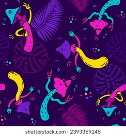 Mushroom pattern, doodle, retro style. A big mushroom party in the hippie style.