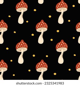 Mushroom pattern. Fall seamless vector print with cute cartoon forest fly agaric in dark background. Hand drawn autumn repeat wallpaper, textile design, fabric, wrap paper. Dark academia concept.