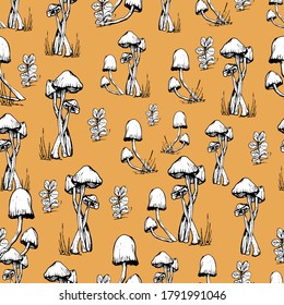 Mushroom pattern. Handmade graphics. Background for children and adults. Edible mushrooms and toadstools. Healthy food illustration. Autumn forest plants, mushroom. sketches for textiles, wallpaper.