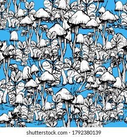 Mushroom pattern. Handmade graphics. Background for children and adults. Edible mushrooms and toadstools. Healthy food illustration. Autumn forest plants, mushroom. sketches for textiles, wallpaper.