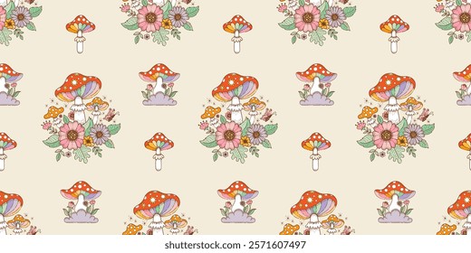 Mushroom pattern. Seamless flower mushroom vector background. Floral print, cute trippy boho bg. Groovy magic retro seamless pattern. Bohemian mystic forest background. Halloween psychedelic wallpaper