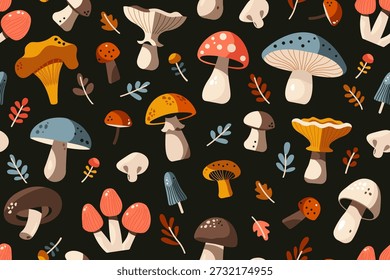 Padrão de cogumelos. Impressão sem costura de fungos florestais, desenho animado bonito cep boletus truffle champignon, fundo de cogumelos comestíveis coloridos para papel de embrulho, têxtil. Textura vetorial.
