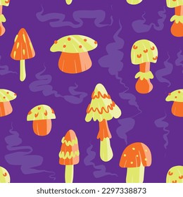 Mushroom pattern. Seamless vector illustration. Yellow, orange and purple.