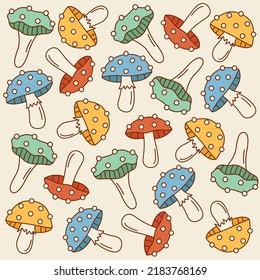 Mushroom pattern in the style of the 70s, vector pattern, on a light background