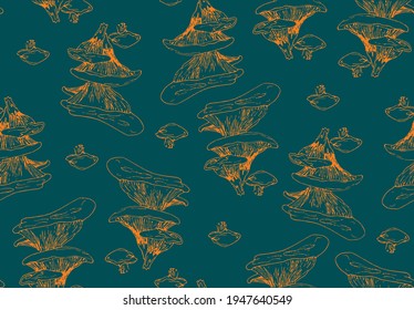 Mushroom pattern textile blue orange plant decorative art