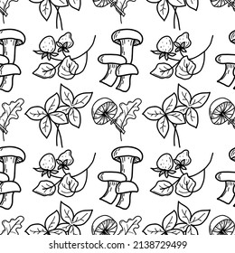 Mushroom pattern. Vector mushroom seamless pattern. Illustration with forest mushroom, with wild strawberry and autumn leaves. Contour doodle illustration.