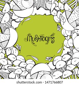 Mushroom pattern vector seams border. An isolated sketch of the frame eating. Mushrooms, morels, truffles, enokitake, porcini mushrooms, oysters, chanterelles, shiitake. Suitable for menu, label
