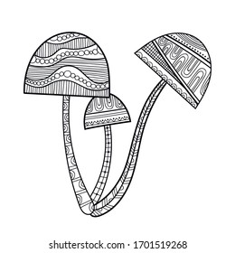 Mushroom with patterned. Black and white illustration for coloring book, page.