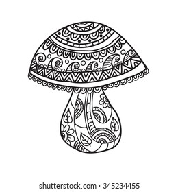 Mushroom patterned in the style of doodle, black and white graphics, isolated, painted by hand.