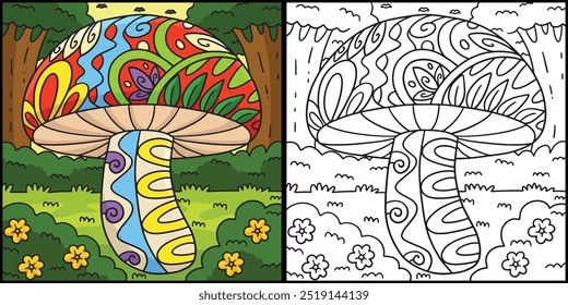 Mushroom with Patterns Coloring Page Illustration