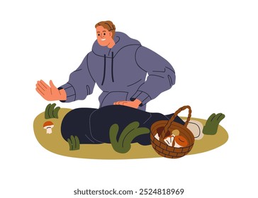 Mushroom picker in autumn forest. Happy man finding and collecting boletus fungus. Mushroomer with basket, foraging and gathering seasonal fungi. Flat vector illustration isolated on white background