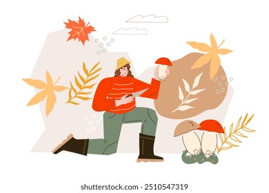 Mushroom picker in the forest collects edible mushrooms. Girl collects boletus mushrooms, flat cartoon vector illustration isolated on white background.