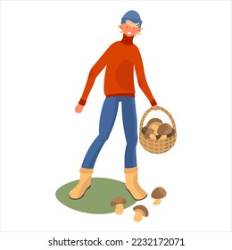 Mushroom picker illustration. Picking mushroom man with basket. Harvesting in autumn