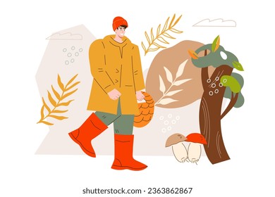 Mushroom picker man in autumn forest looking for mushrooms, flat vector illustration isolated on white background. Hunting, mushroom picking hobbies. Mushroomer character.