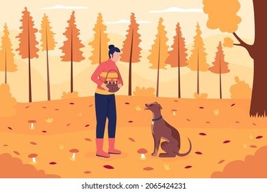Mushroom picking in fall flat color vector illustration. Girl holding basket. Recreational activity in autumn forest. Woman with pet 2D cartoon characters with landscape on background