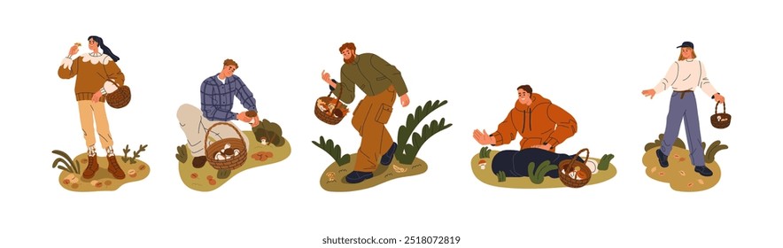 Mushroom picking in fall forest, set. People collecting fungi in baskets. Mushroomers foraging for fresh wild fungus. Seasonal outdoor activity. Flat vector illustration isolated on white background