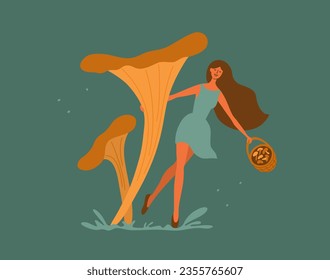 Mushroom picking female dance. Young woman character dancing hugging chanterelles. Autumn vibe, harvest season. Girl in dress with mushrooms basket walking in meadow. Isolated art vector illustration