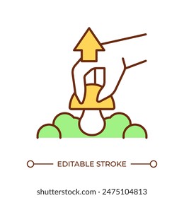 Mushroom picking RGB color icon. Mushroom foraging and cutting. Edible fungi farming. Agricultural process. Isolated vector illustration. Simple filled line drawing. Editable stroke