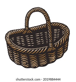 Mushroom picking. Wicker picnic basket for mushrooms fungus, fungi and flowers or vegetables