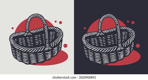 Mushroom picking. Wicker picnic basket for mushrooms fungus, fungi and flowers or vegetables