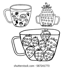 Mushroom pineapple and strawberry in cup Vector, Zen tangle stylized cartoon, Hand drawn sketch for adult coloring page, T-shirt emblem, logo or tattoo with doodle.