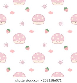 Mushroom pink cartoon so cute. On strawberry sun cloud white background. Pattern seamless vector illustration. 