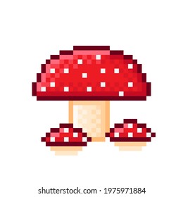Mushroom pixel art. Cute pixel mushrooms. Vector illustration.
