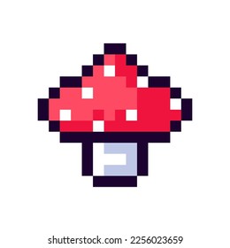 Mushroom Pixel Art gaming item. Game pixel fly agaric icon, poisonous mushroom 8Bit game resource. Vector Illustration isolated on white background.