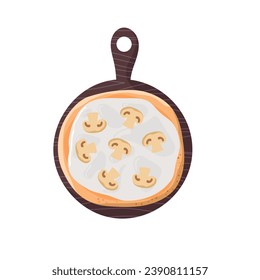 Mushroom Pizza. Champignons and cheese. Serving pizza on round board. Pizza flat vector illustration. Traditional italian dish. Pastry food with tomato, onion, mushroom, mozzarella, basil for menu