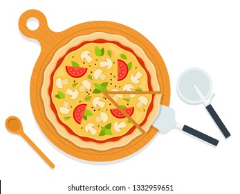 Mushroom Pizza with champignons, tomatoes, basil and cheese on a wooden board. Pizza knife, spoon and spatula flat single icon vector isolated on white