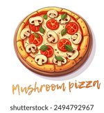 Mushroom pizza with a crispy crust, a generous layer of melted cheese, juicy tomatoes, and savory mushrooms vector icon isolated on white background. Cartoon fast food illustration