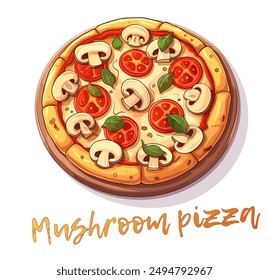 Mushroom pizza with a crispy crust, a generous layer of melted cheese, juicy tomatoes, and savory mushrooms vector icon isolated on white background. Cartoon fast food illustration