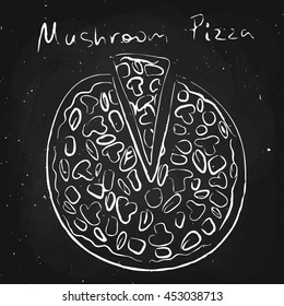Mushroom pizza, drawn in chalk on a blackboard