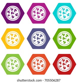Mushroom pizza icon set many color hexahedron isolated on white vector illustration