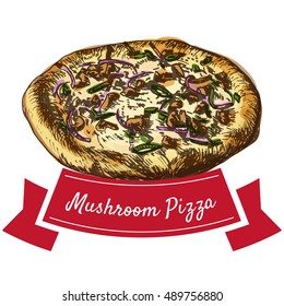 Mushroom pizza illustration. Vector colorful illustration.