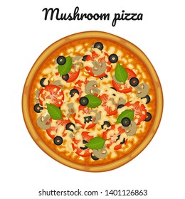 Mushroom pizza. Object for packaging, advertisements, menu. Isolated on white. Vector illustration. Cartoon.