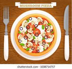 Mushroom pizza on a plate. Vector illustration. Served pizza top view.