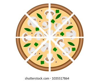 mushroom pizza with piece in cut