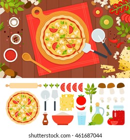 Mushroom pizza and recipe for her vector flat illustration. Set with mushrooms, oil, tomatoes, cheese, basilica, sauce for infographic website and culinary magazine. Isolated on white background.