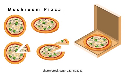 Mushroom Pizza,box of pizza, isometric pizza, slice of pizza. 