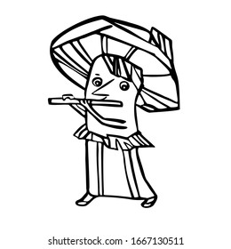 The mushroom plays the flute. Vector illustration in line art style. On white background. Hand drawn.