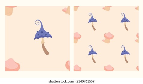 Mushroom poisoning and pink mushroom seamless pattern. Hand drawn illustration. Vector for clothes, background, print or other uses.