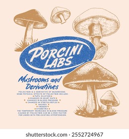 mushroom. porcini labs mushroom. groovy mushrooms. food fashion. summer food fashion. hand drawn art. t shirt design. print design. girls vector. graphic tee. fruit print